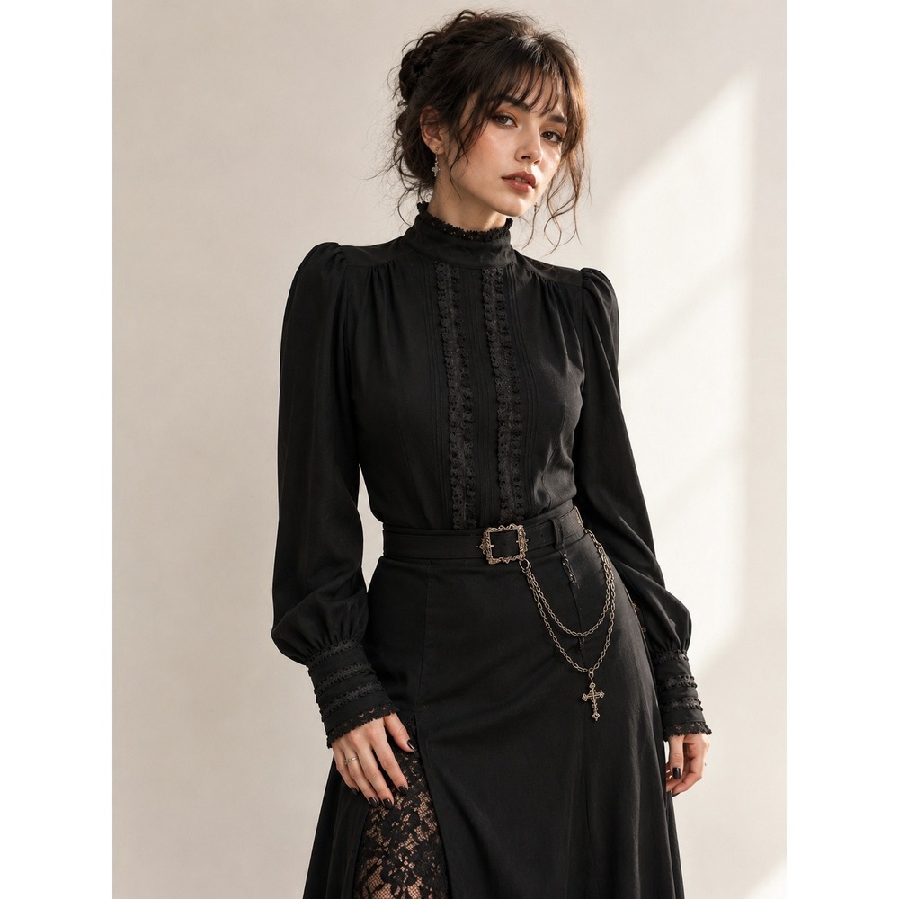 Hawkers Run Black Victorian-Inspired Dark Croquette Lace Blouse – Size 5